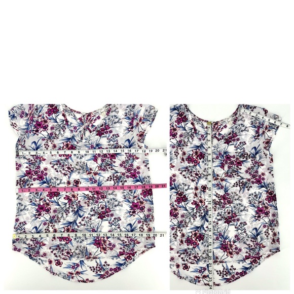 Pink Rose Vintage Blue & Pink Floral Criss Cross V-Neck Short Sleeve Top, Medium - Picture 15 of 16